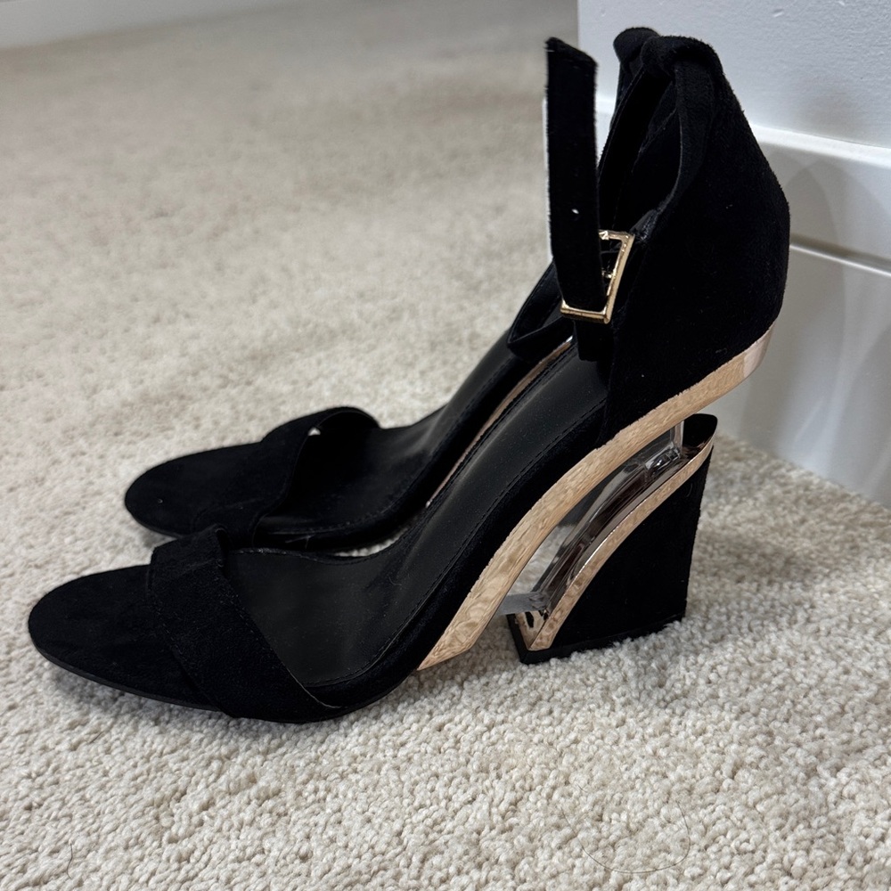 Black Suede Ankle-Strap Block Heel Sandals